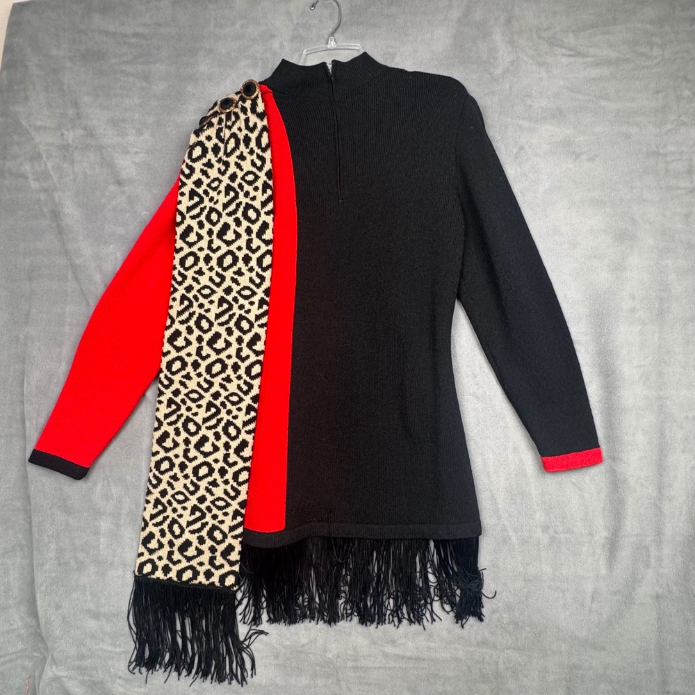 Lillie Rubin Vintage Leopard Colorblock Fringe Knit Tunic Dress Red Black Sz 14 - Picture 2 of 8